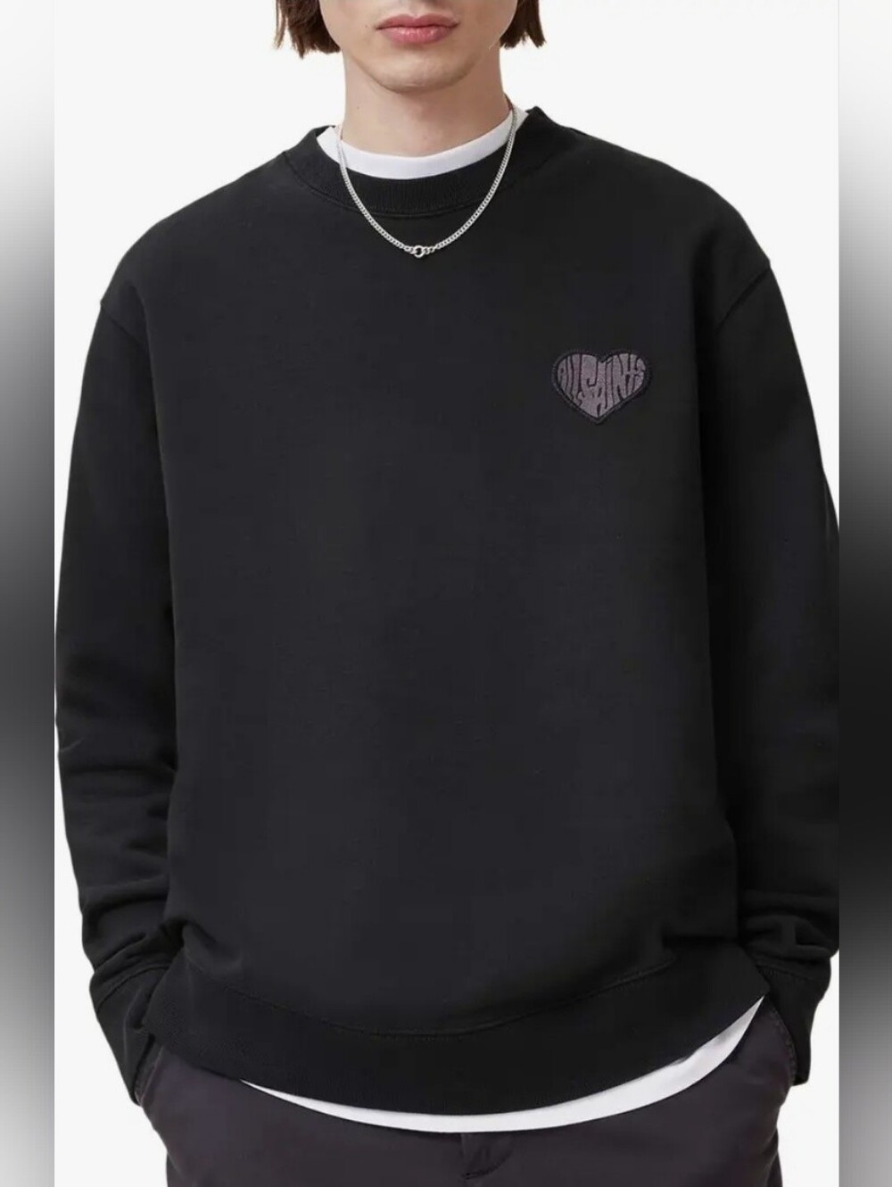 AllSaints Black Crewneck Sweatshirt with Heart Patch